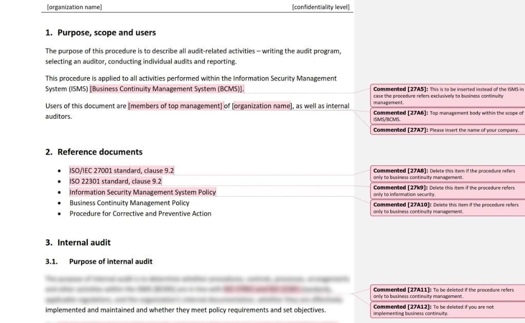 A fragment of the ISO 27001 document template for Internal Audit Procedure